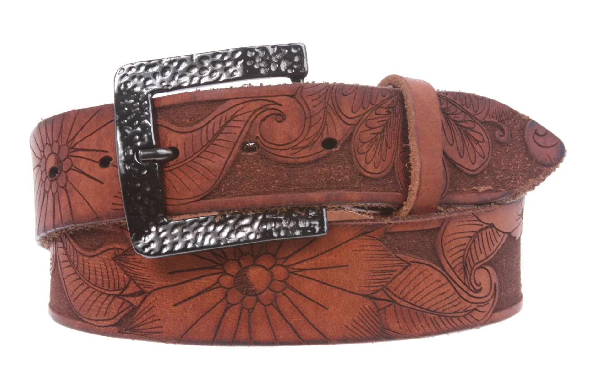 1 1/2" Snap On Soft Hand Floral Engraving Full Grain Leather Belt
