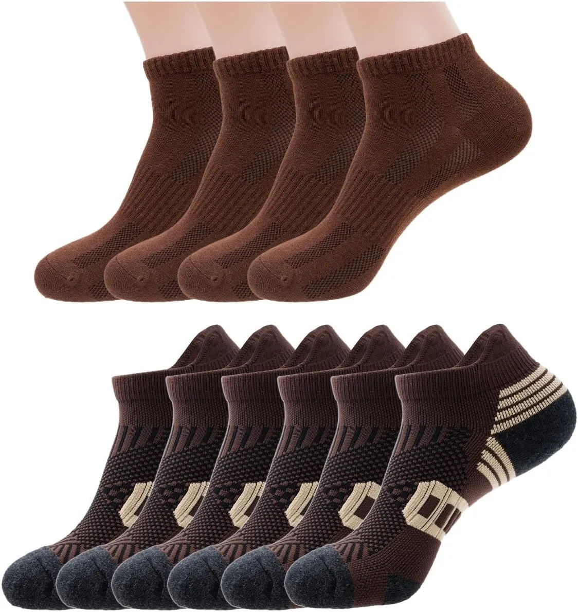 10-Pairs Brown Socks for Men, 4-Pairs Cotton & Pearl-Fiber Ankle Socks & 6-Pairs Light Cushioned Tab Athletic Low Cut Socks/w Arch Compression