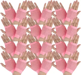 12 Pair Fishnet Gloves Fingerless Wrist Length 70s 80s Costume Party -Light Pink