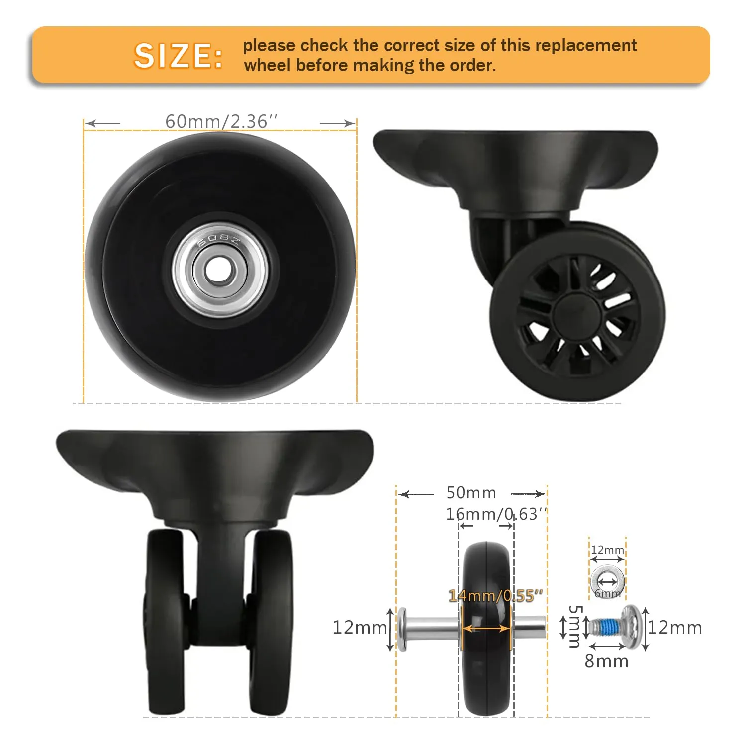 60mmx14mm/2.36inx0.55in Luggage Replacement Wheels Set 8Pcs with Saw &4Pcs Wheels Cover &Socks 50mm/1.97in Axles Rubber Swivel Caster Wheels Travel Luggage Wheel Repair Kit for SuitcasesTrolley Bags
