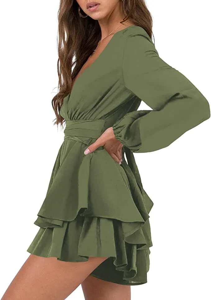 Army Green Sleeve Womens Sexy V Neck Long Baggy Sleeve Tie Waist Ruffle Hem Flowy Swing Mini Short Wrap Dress - Nova In Sky