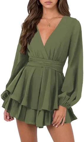 Army Green Sleeve Womens Sexy V Neck Long Baggy Sleeve Tie Waist Ruffle Hem Flowy Swing Mini Short Wrap Dress - Nova In Sky
