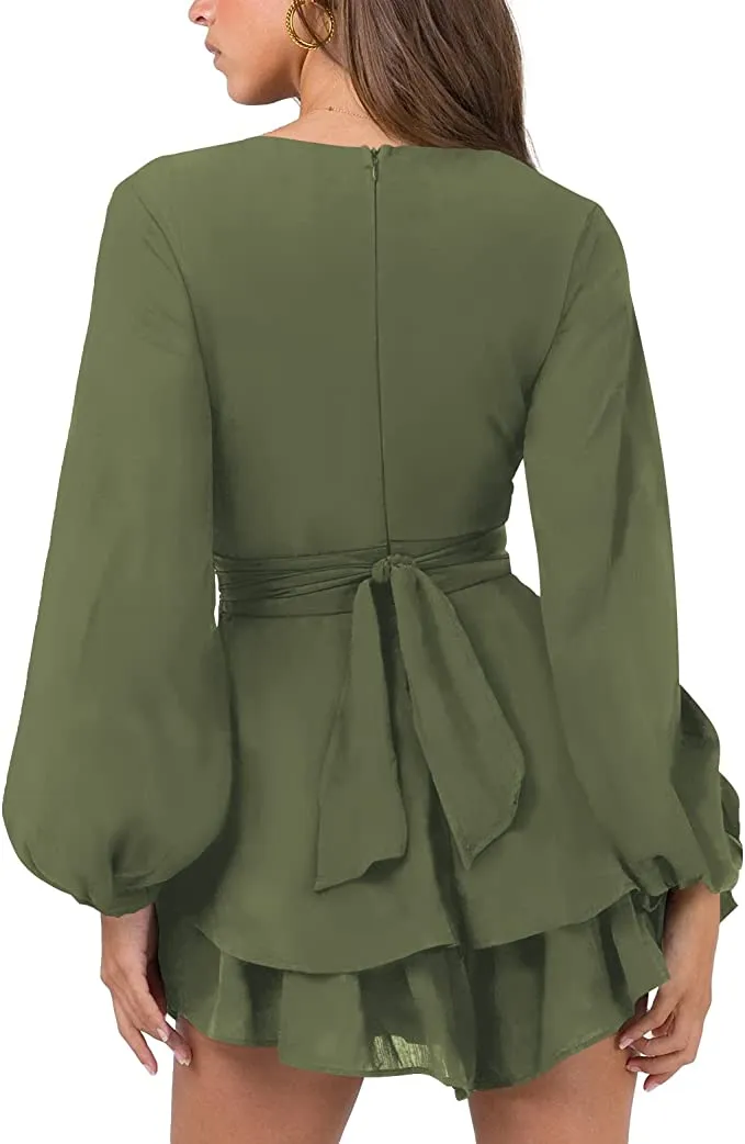 Army Green Sleeve Womens Sexy V Neck Long Baggy Sleeve Tie Waist Ruffle Hem Flowy Swing Mini Short Wrap Dress - Nova In Sky