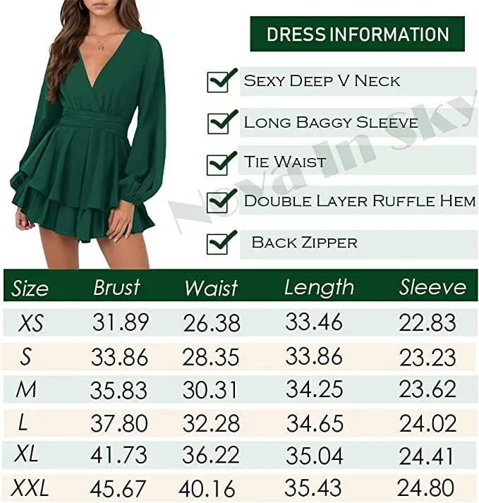 Army Green Sleeve Womens Sexy V Neck Long Baggy Sleeve Tie Waist Ruffle Hem Flowy Swing Mini Short Wrap Dress - Nova In Sky