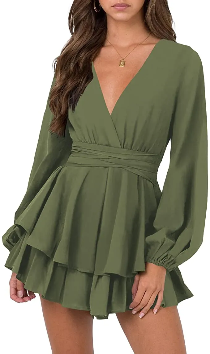 Army Green Sleeve Womens Sexy V Neck Long Baggy Sleeve Tie Waist Ruffle Hem Flowy Swing Mini Short Wrap Dress - Nova In Sky