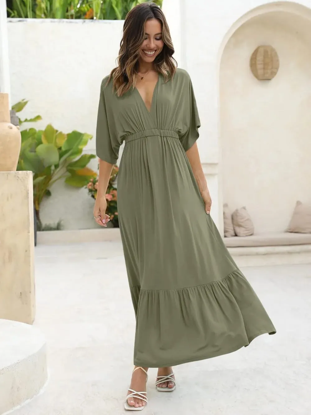 Batwing Sleeve High Waist Beach Maxi Dress