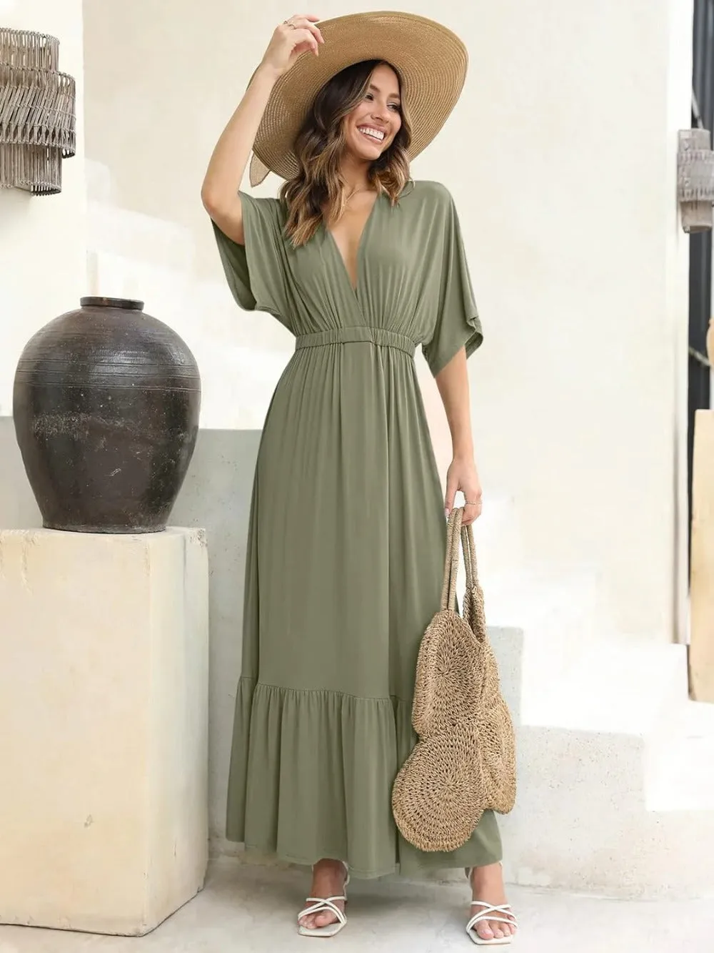 Batwing Sleeve High Waist Beach Maxi Dress