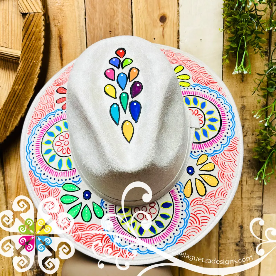 Beige Indiana Mitla Velvet Hat - Hand Painted Hat