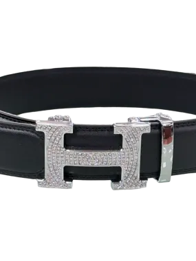 Black Men's Genuine Leather Belt Silver Buckle with Glitter Stones