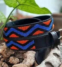 Blue and orange zigzag handmade beaded masai  maasai masaai leather belt with free shipping worldwide