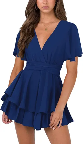 Blue Womens Sexy V Neck Long Baggy Sleeve Tie Waist Ruffle Hem Flowy Swing Mini Short Wrap Dress - Nova In Sky