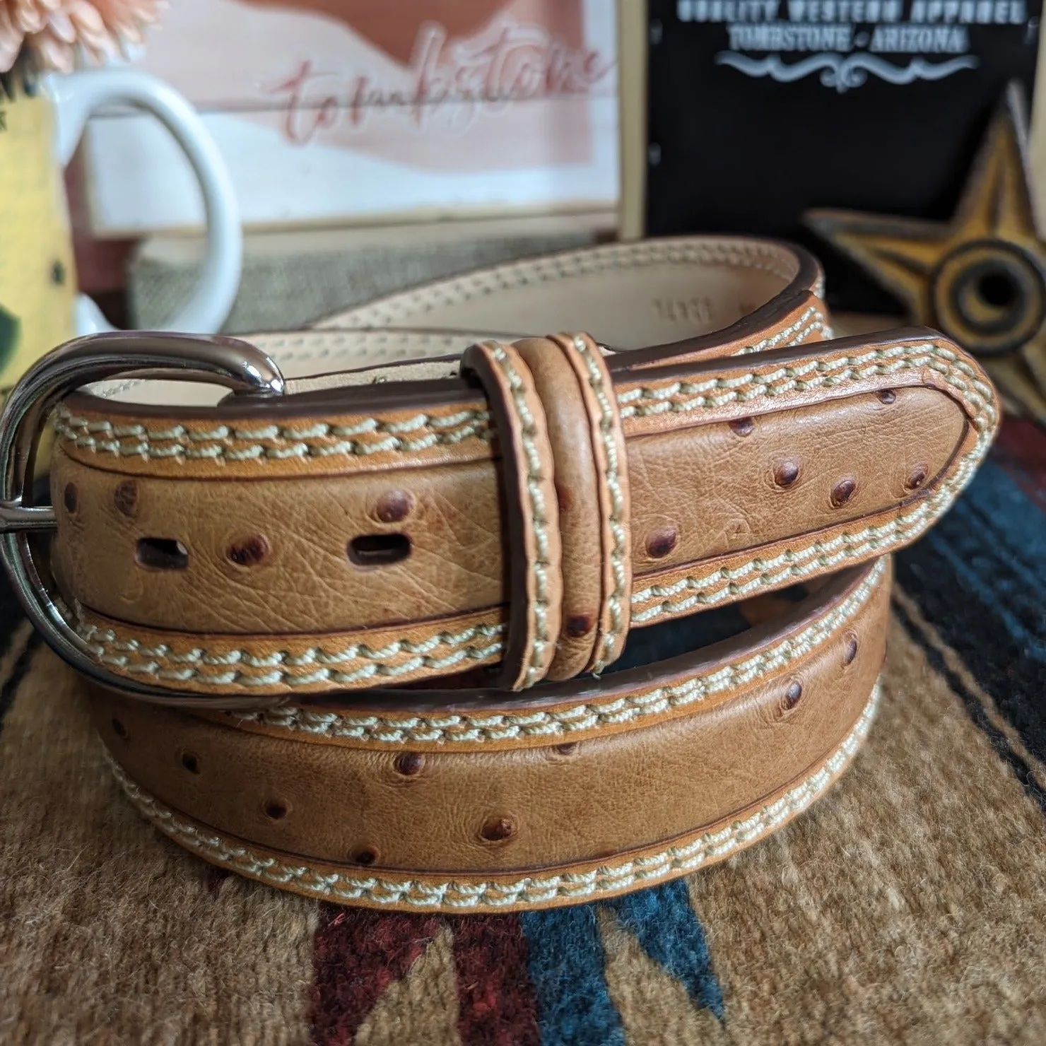 Brown Ostrich Print Leather Belt by Tony Lama  9347L