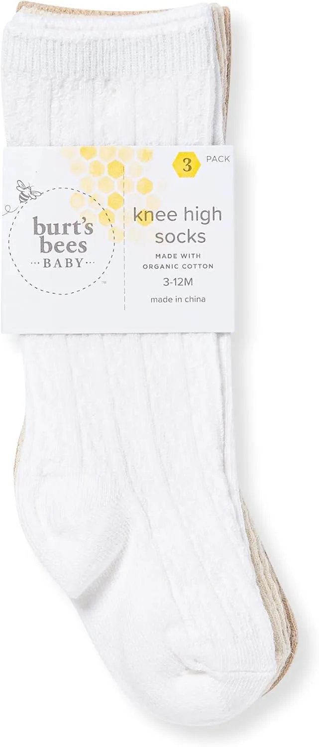 Burt's Bees Baby Baby Girls' Set of 3 Cable Knit Knee-high Organic Cotton Stockings Socks
