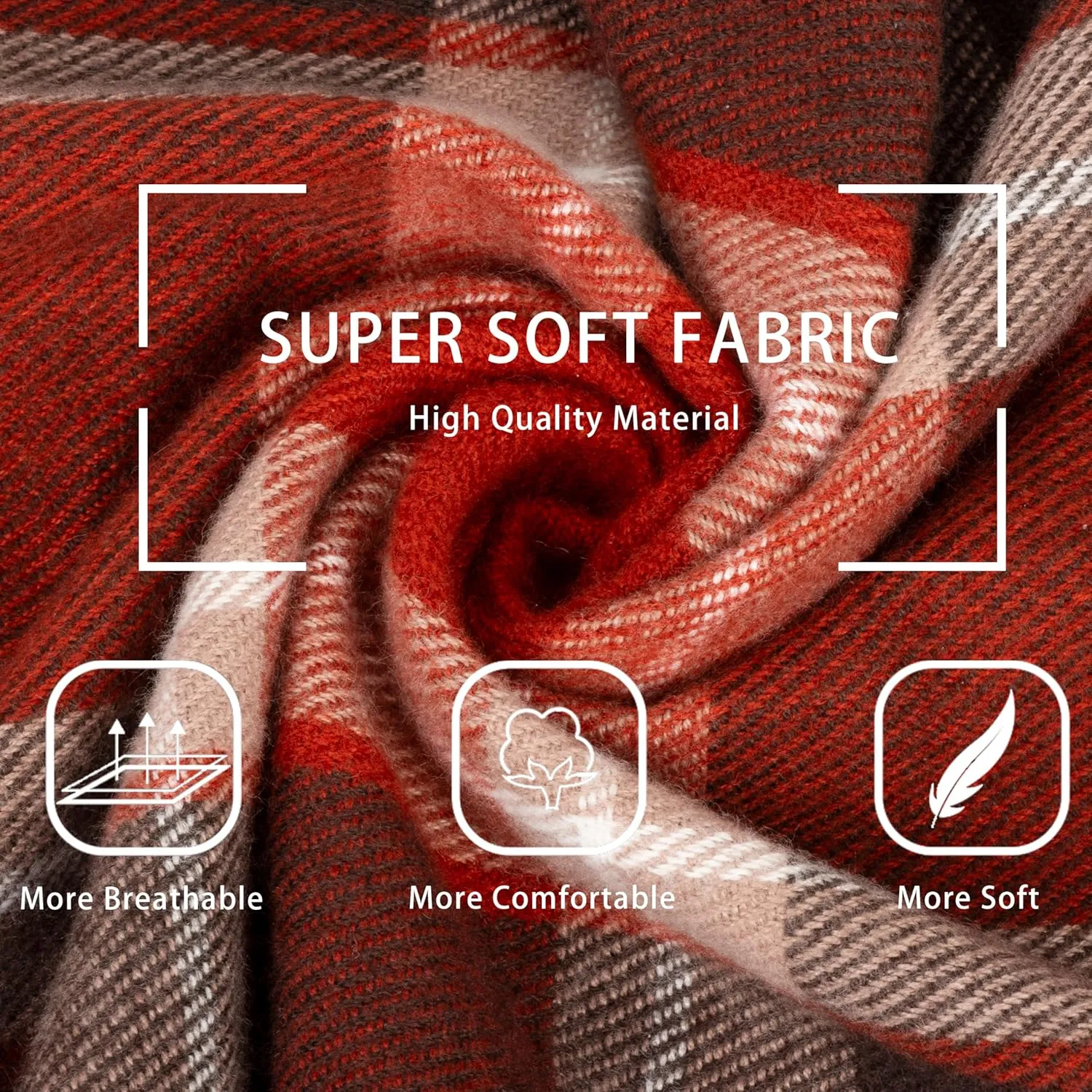 Cashmere Feel Fashion Red Plaid-Checkered Grid Scarf for Men Women Soft Long Tassels Shawl Neck Scarves Wraps for Winter