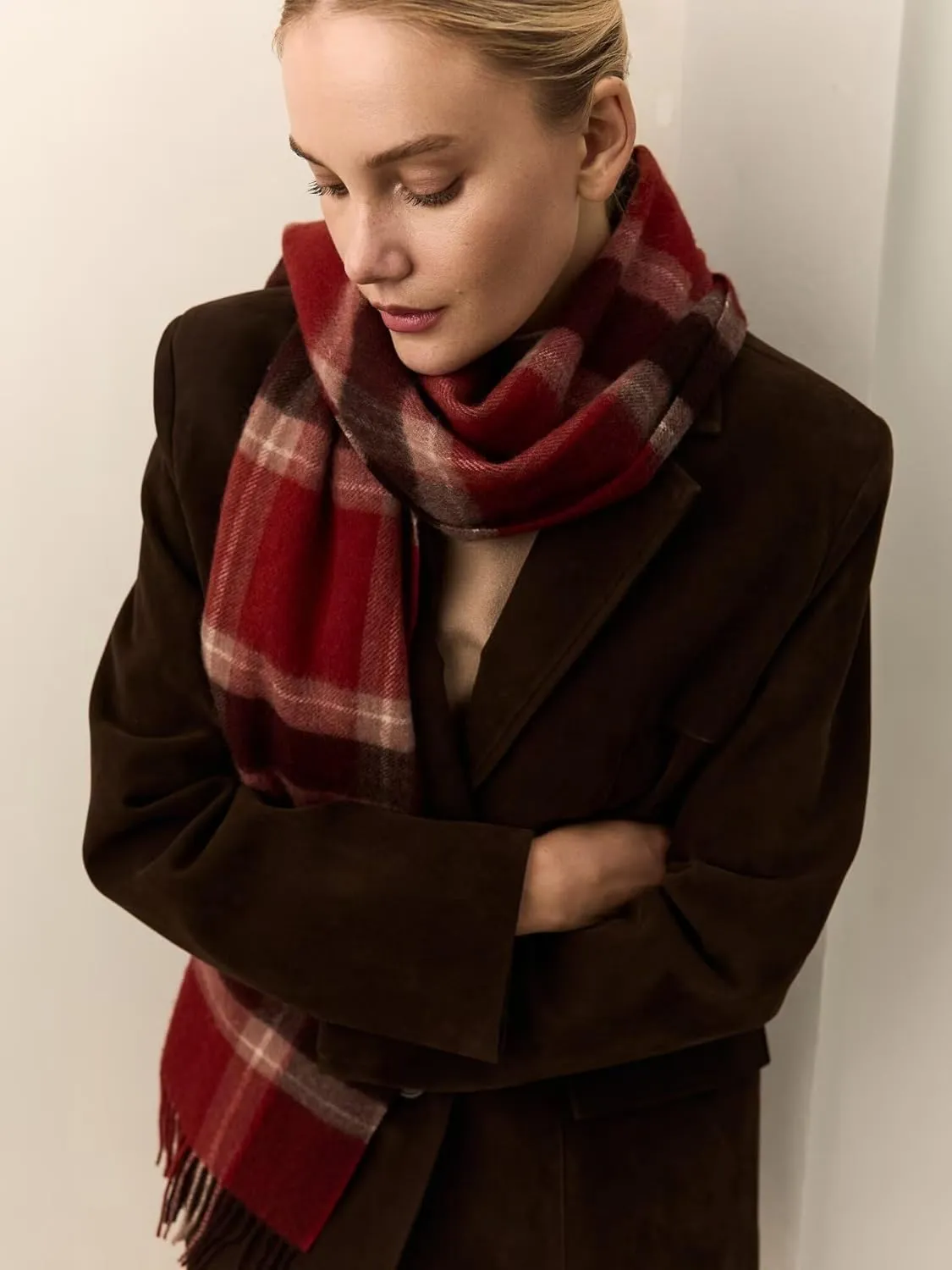 Cashmere Feel Fashion Red Plaid-Checkered Grid Scarf for Men Women Soft Long Tassels Shawl Neck Scarves Wraps for Winter