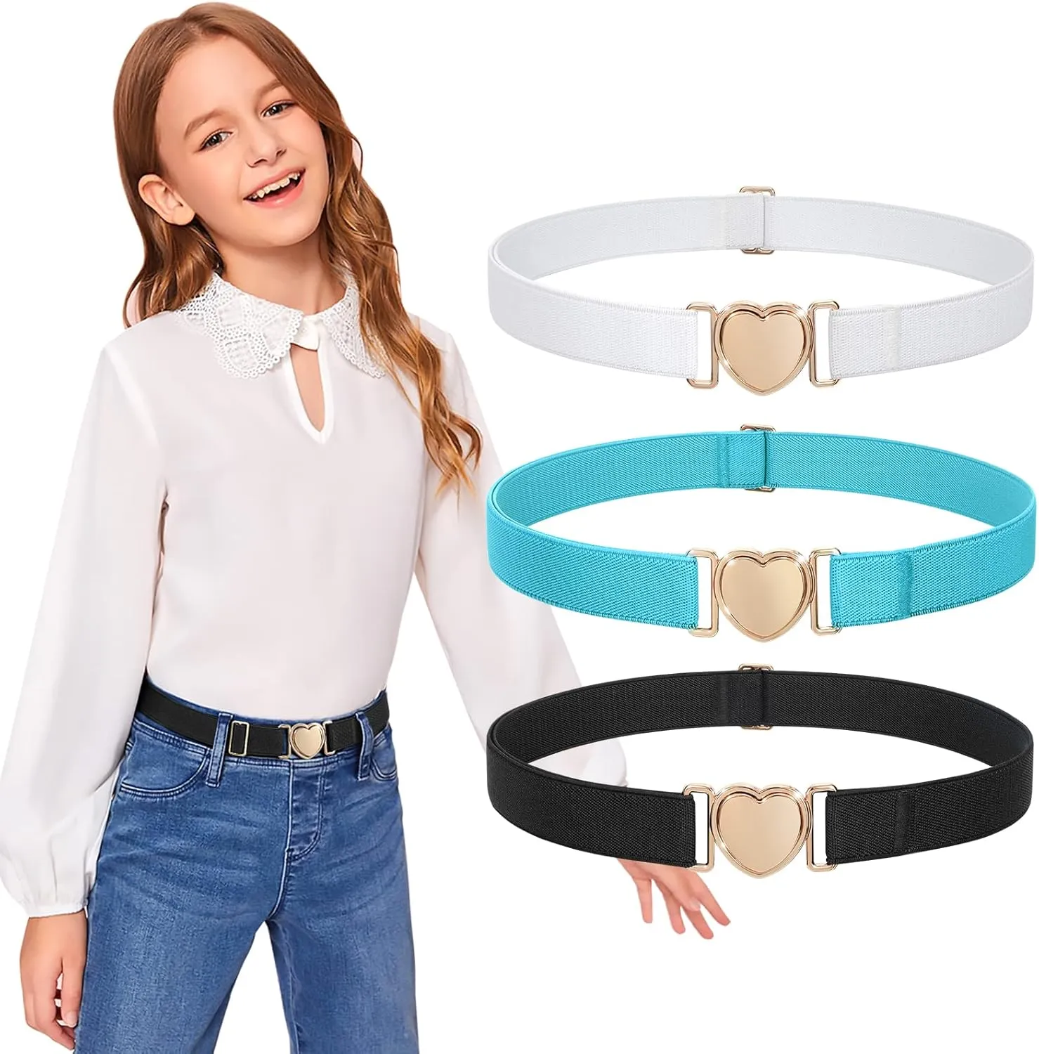 JASGOOD Elastic Belts for Toddler Kids Adjustable Boys Girls Teens Stretch Belts with Heart Buckle for Back to School
