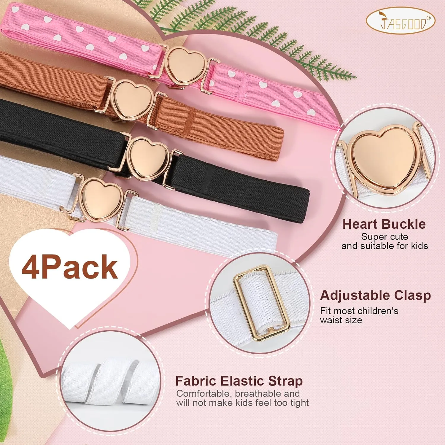 JASGOOD Elastic Belts for Toddler Kids Adjustable Boys Girls Teens Stretch Belts with Heart Buckle for Back to School
