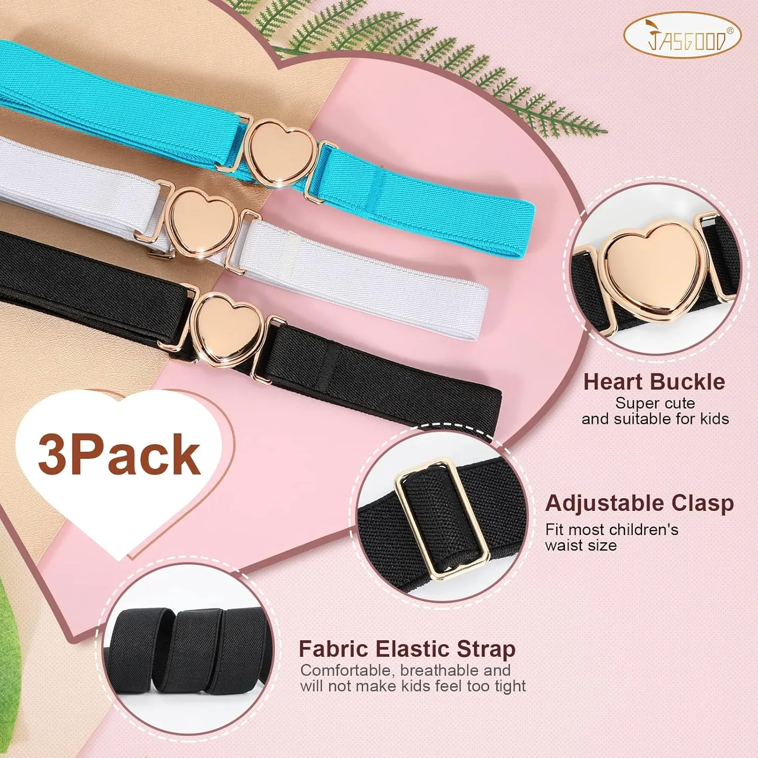 JASGOOD Elastic Belts for Toddler Kids Adjustable Boys Girls Teens Stretch Belts with Heart Buckle for Back to School