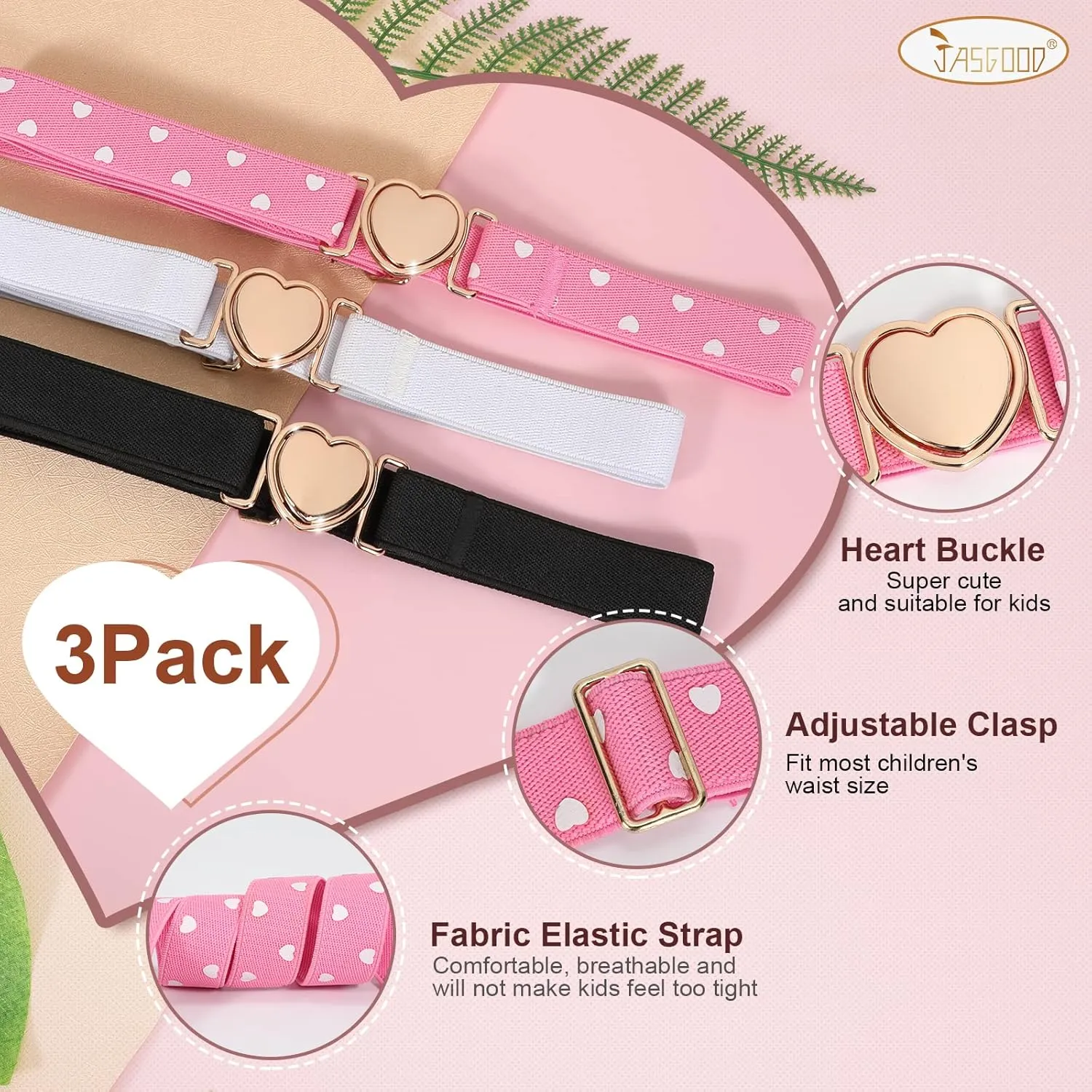 JASGOOD Elastic Belts for Toddler Kids Adjustable Boys Girls Teens Stretch Belts with Heart Buckle for Back to School