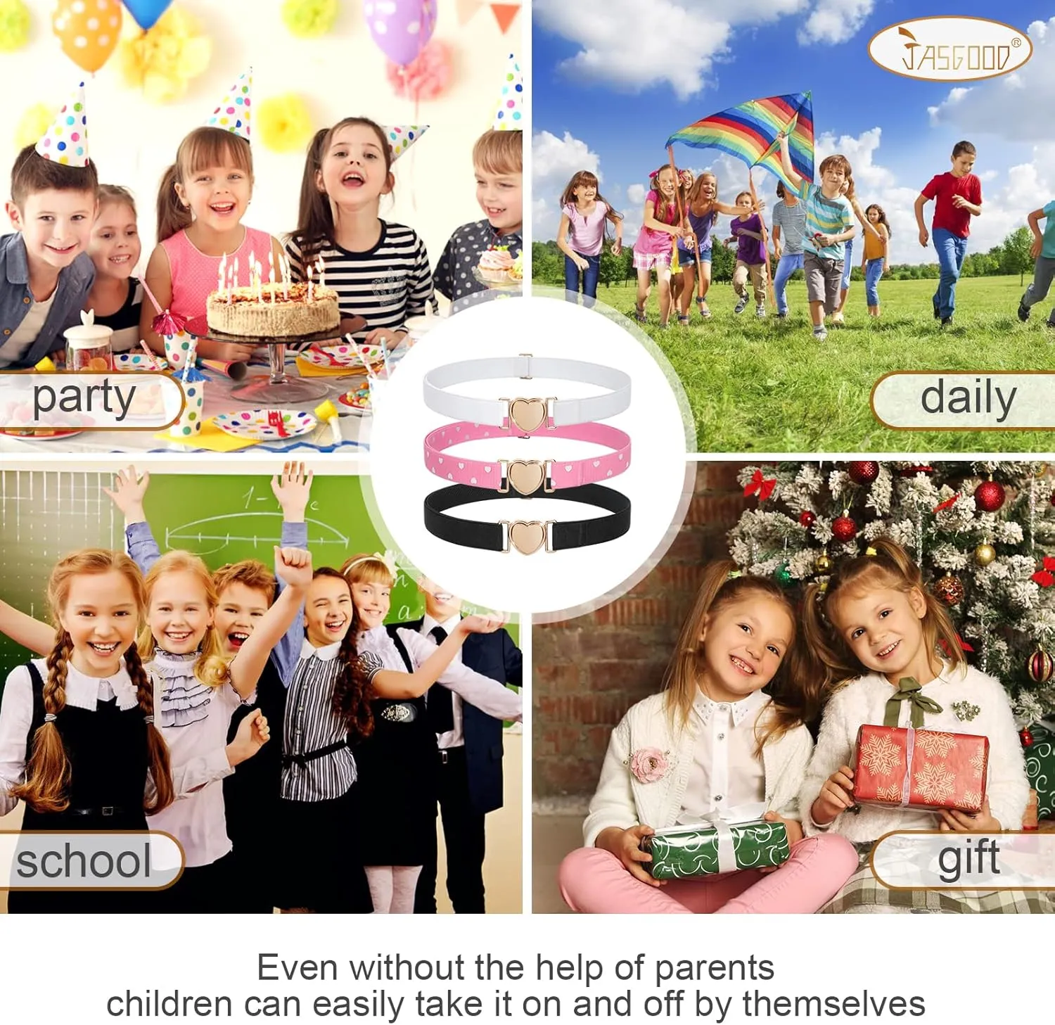 JASGOOD Elastic Belts for Toddler Kids Adjustable Boys Girls Teens Stretch Belts with Heart Buckle for Back to School