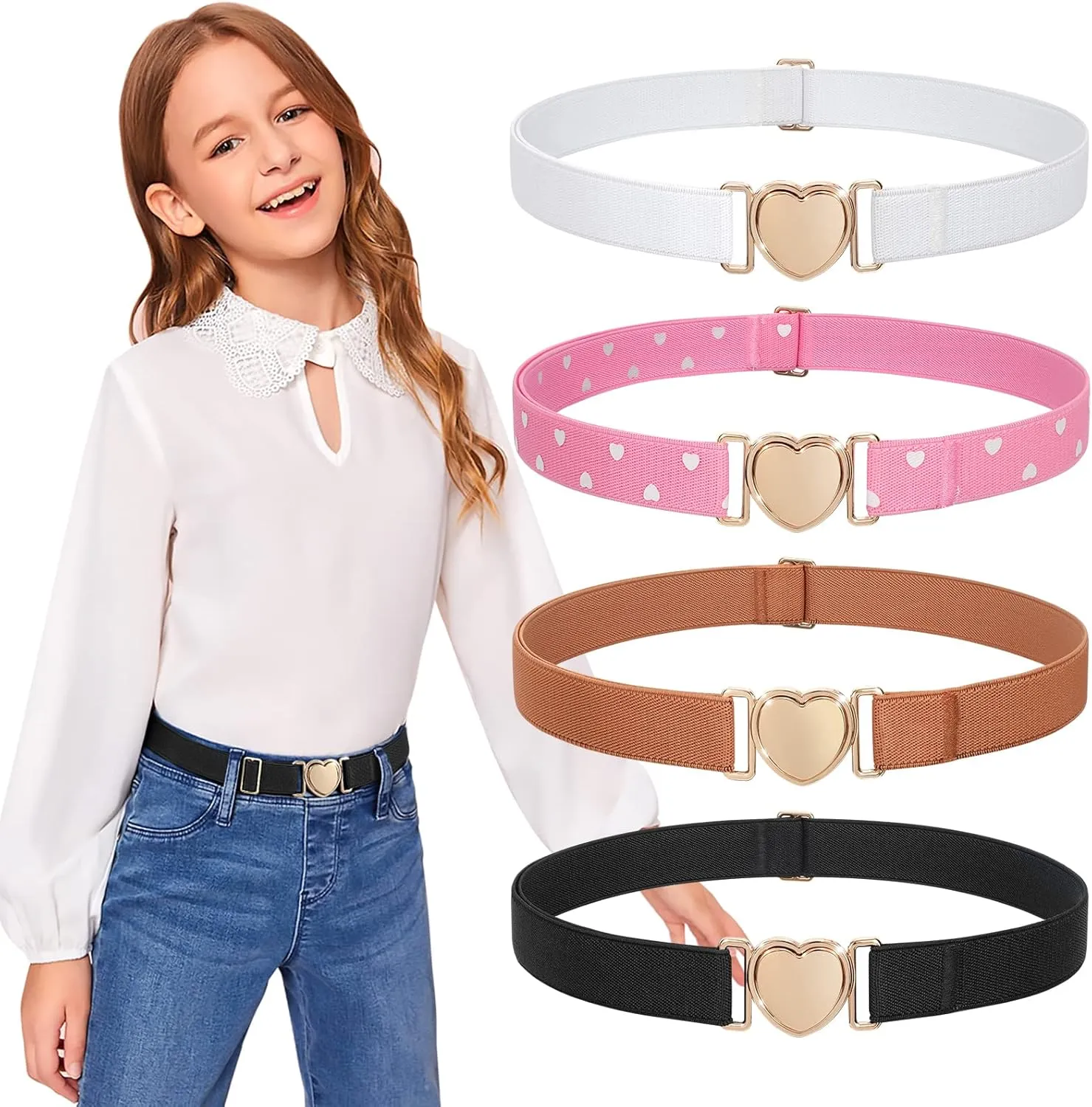 JASGOOD Elastic Belts for Toddler Kids Adjustable Boys Girls Teens Stretch Belts with Heart Buckle for Back to School