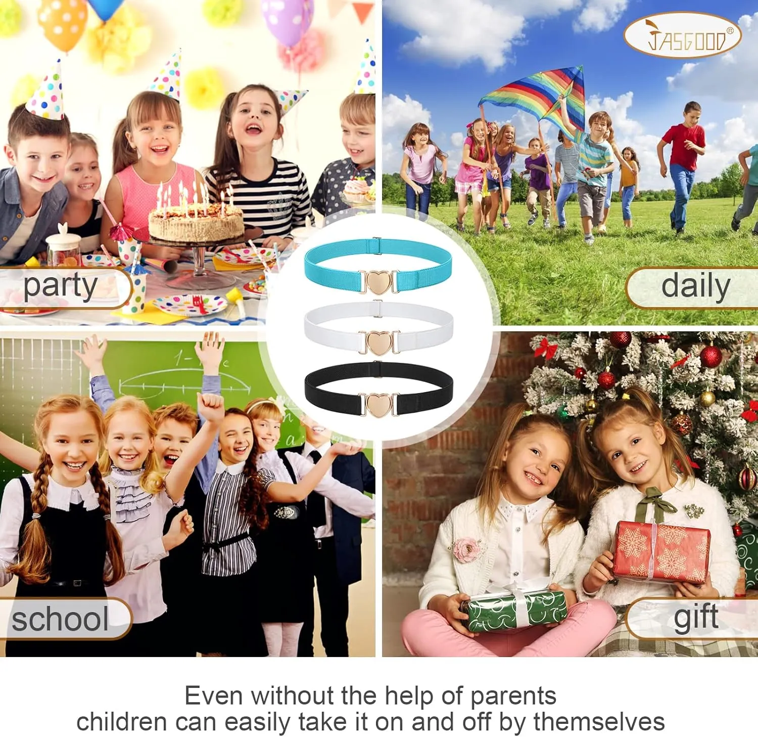 JASGOOD Elastic Belts for Toddler Kids Adjustable Boys Girls Teens Stretch Belts with Heart Buckle for Back to School