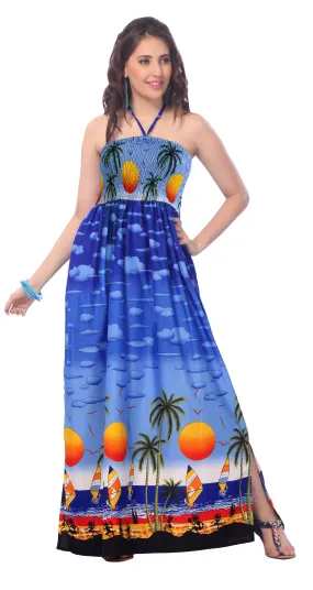 LA LEELA Long Maxi Seashore Sunset Print Halter Neck Tube Dress For Women Palm Tree Beachy Vibes Summer Vacation Outfit Ladies