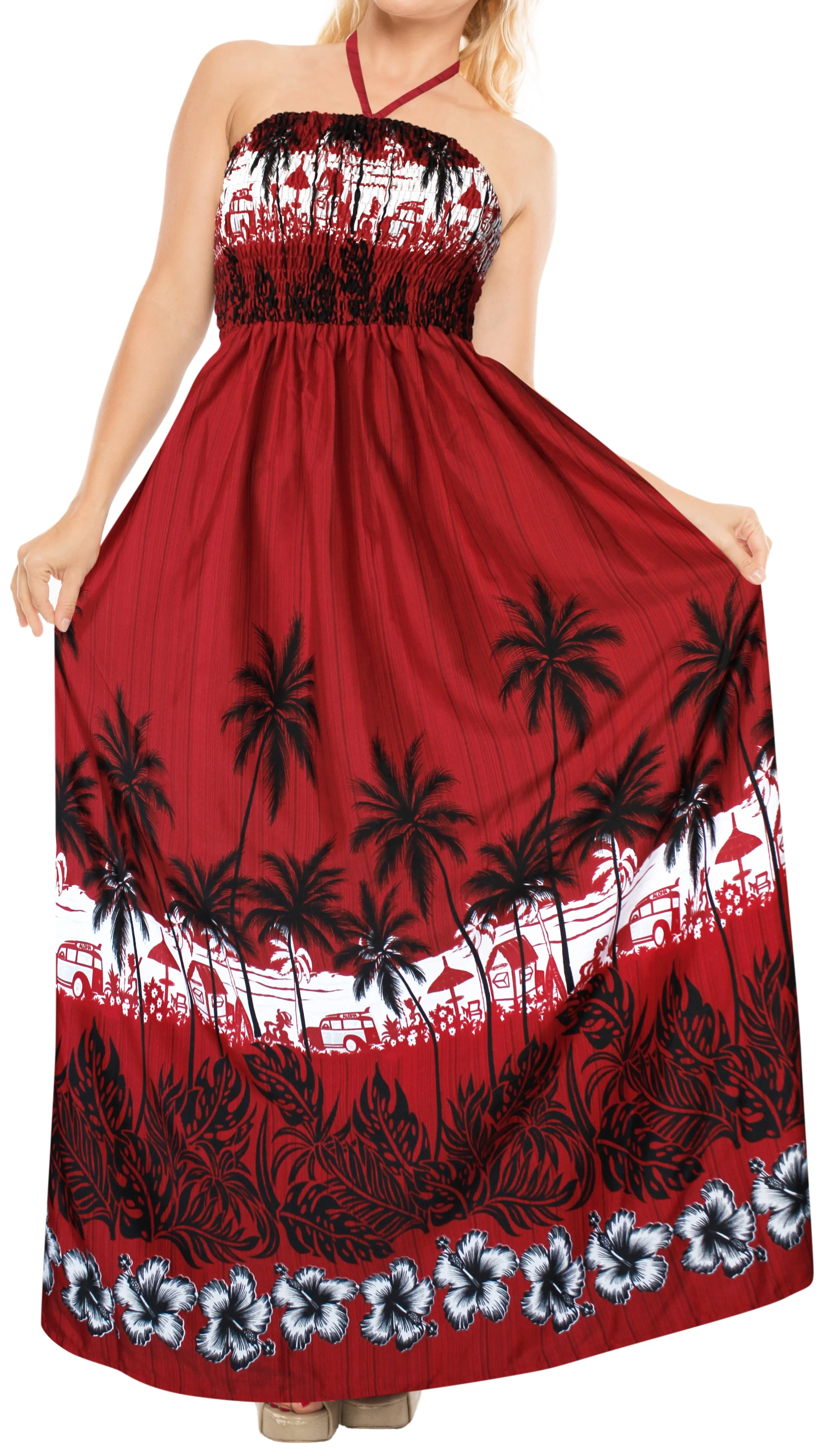 LA LEELA Long Maxi Seashore Sunset Print Halter Neck Tube Dress For Women Palm Tree Beachy Vibes Summer Vacation Outfit Ladies