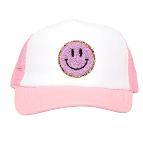 Lavender Smiley Chenille Patch on Pink Youth Trucker Cap