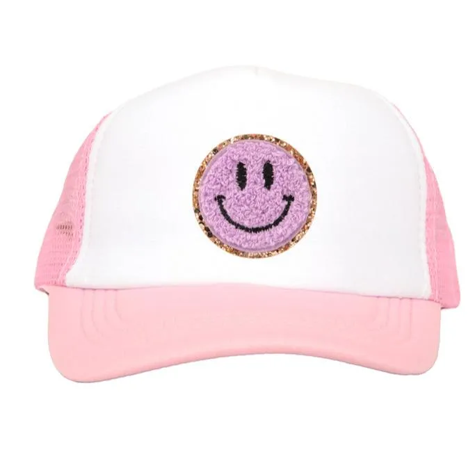 Lavender Smiley Chenille Patch on Pink Youth Trucker Cap