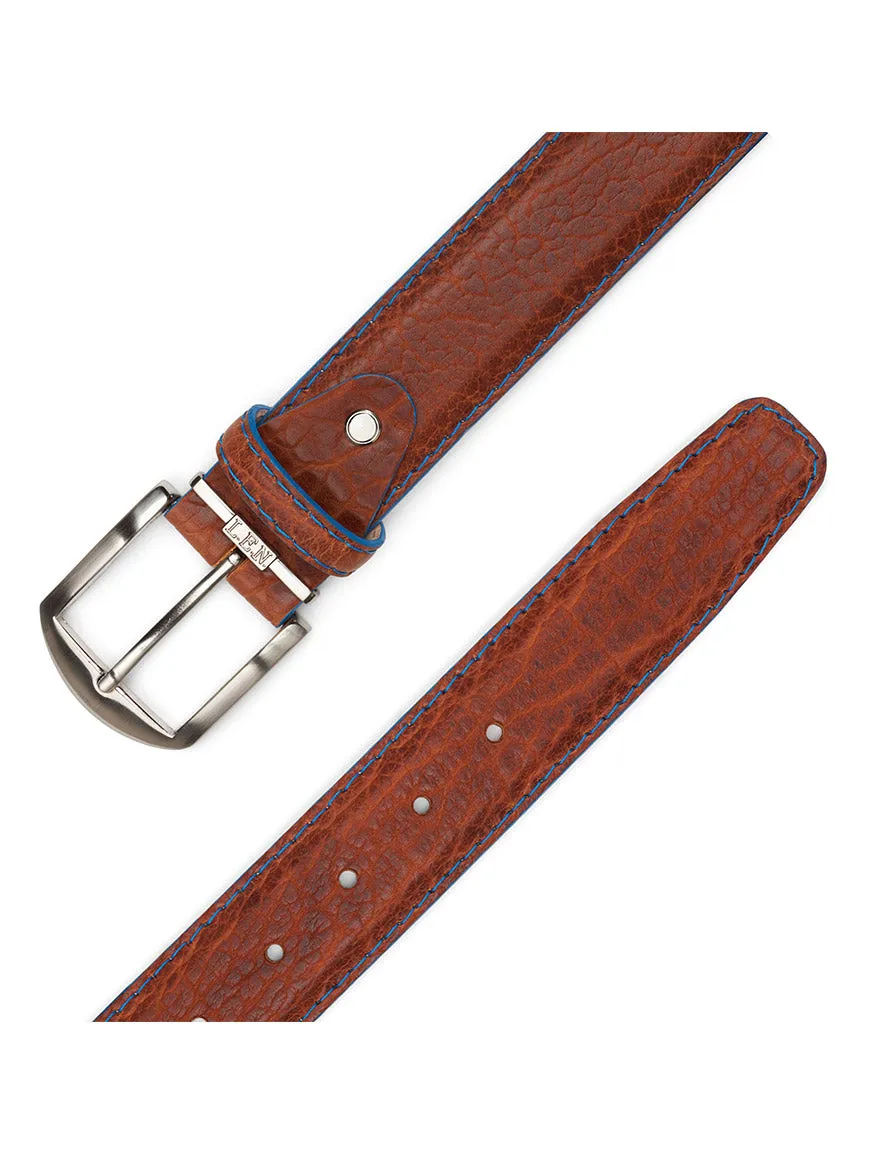 LEN Belts American Bison Belt in Cognac with Denim Edge & Stitching