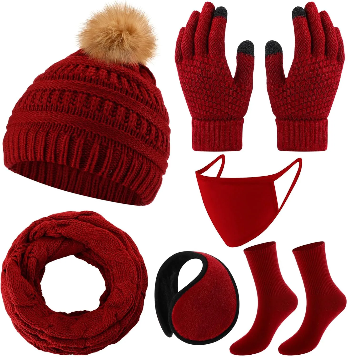 Liitrsh 6 Pcs Winter Beanie Hat Scarf Touchscreen Gloves Ear Warmer Socks Facemask Set for Women Men