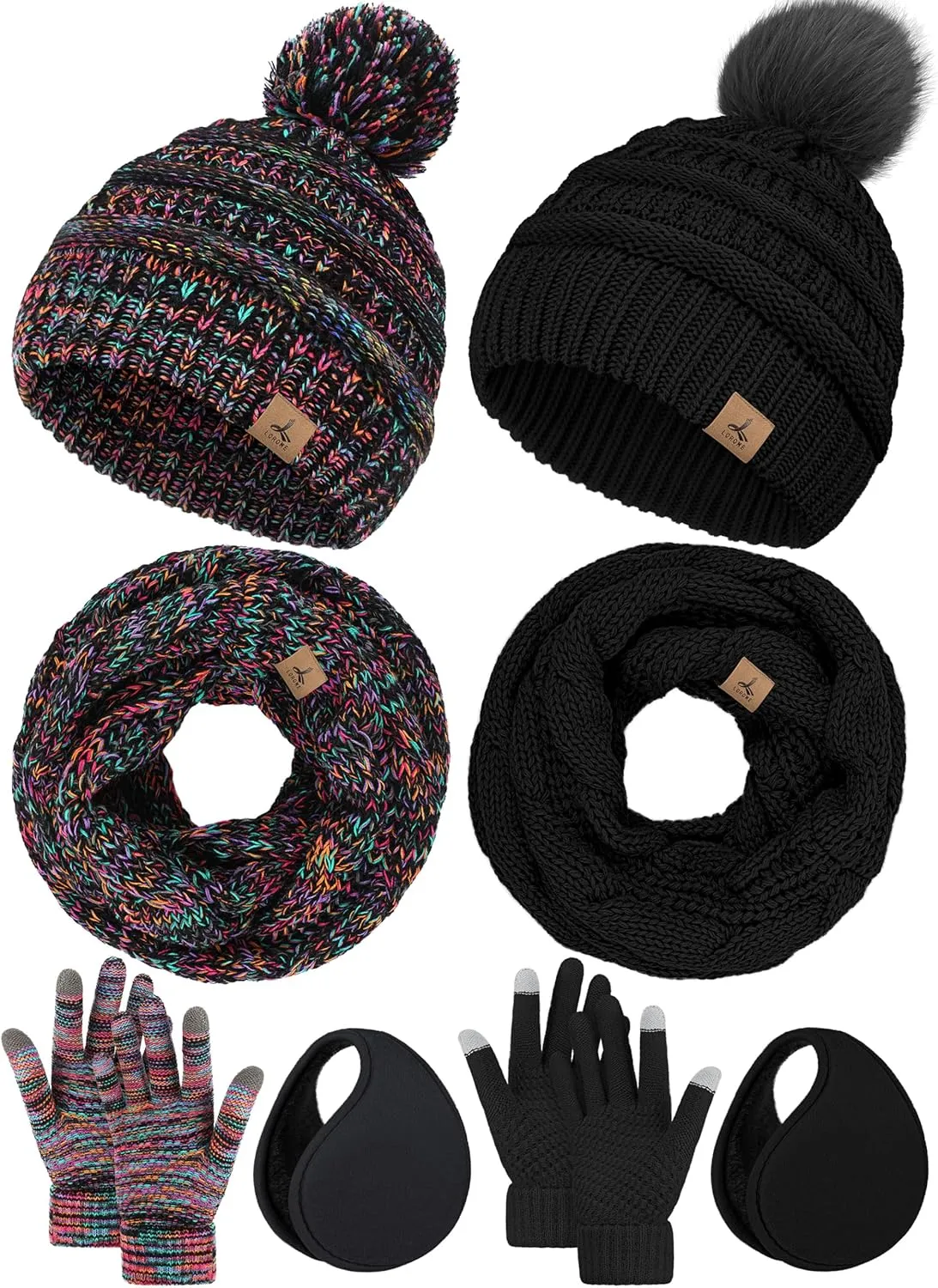 LOROME Winter Hat Scarf Earmuffs Gloves for Women, Touchscreen Gloves Beanie Hat Earmuffs Womens Scarves