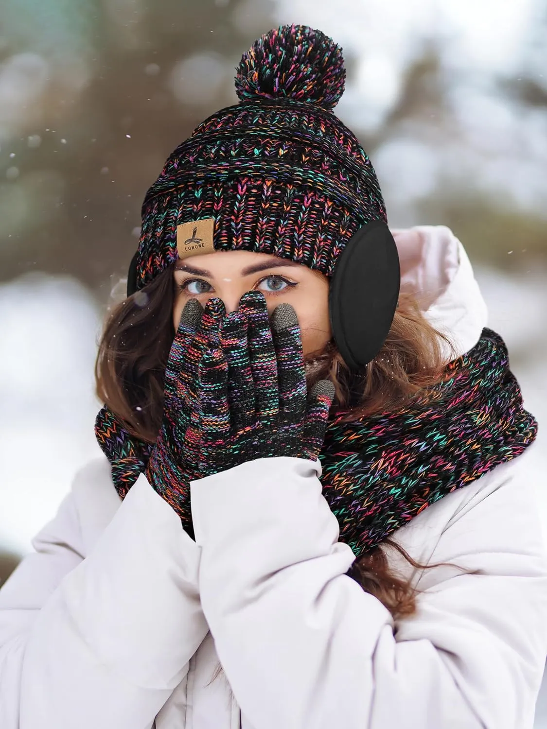 LOROME Winter Hat Scarf Earmuffs Gloves for Women, Touchscreen Gloves Beanie Hat Earmuffs Womens Scarves