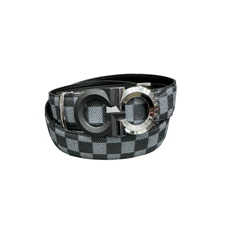 Men's Grey and Black Plaid Leather Belt Sliver Buckle Fashion Design