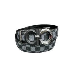 Men's Grey and Black Plaid Leather Belt Sliver Buckle Fashion Design