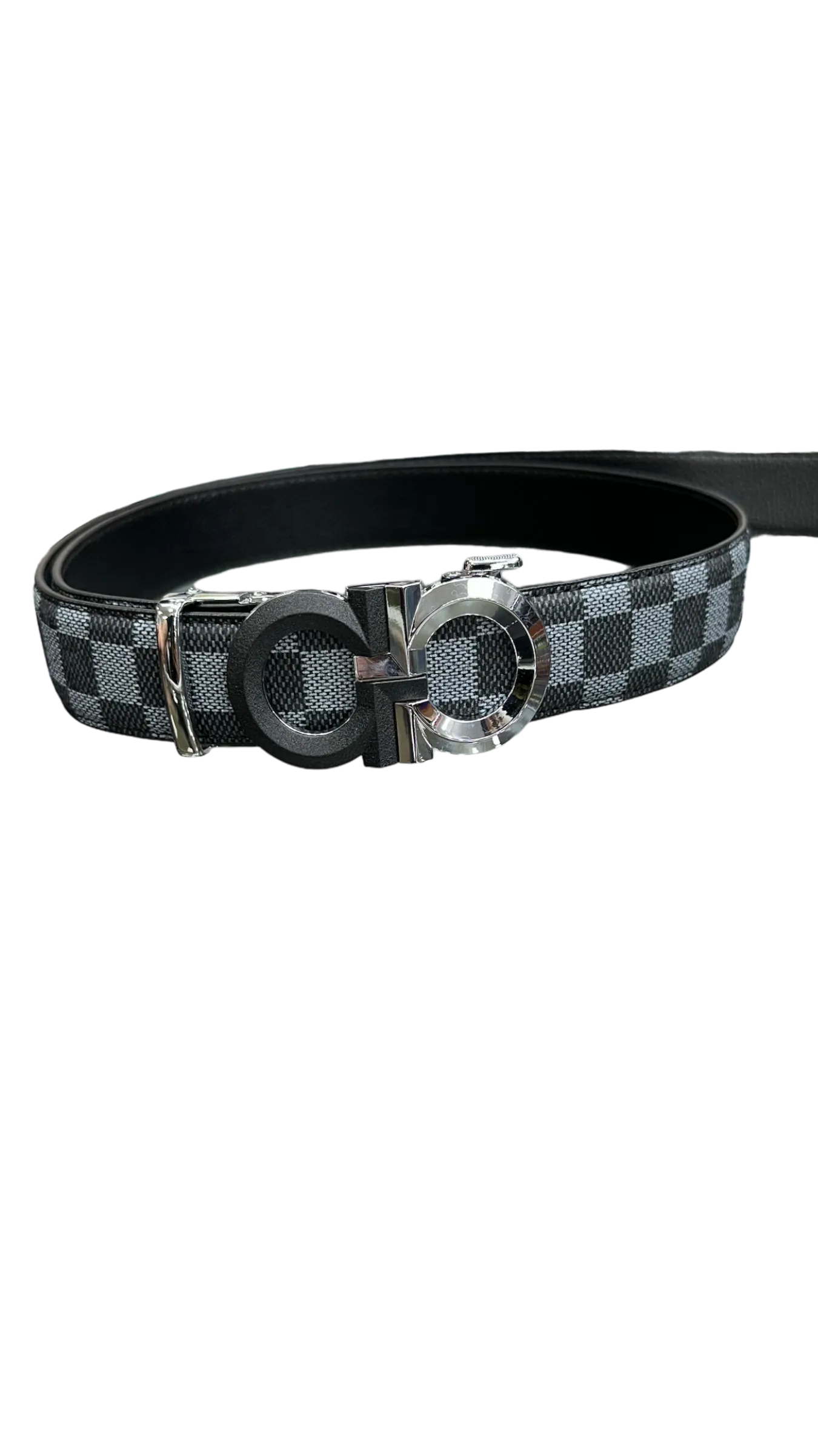 Men's Grey and Black Plaid Leather Belt Sliver Buckle Fashion Design