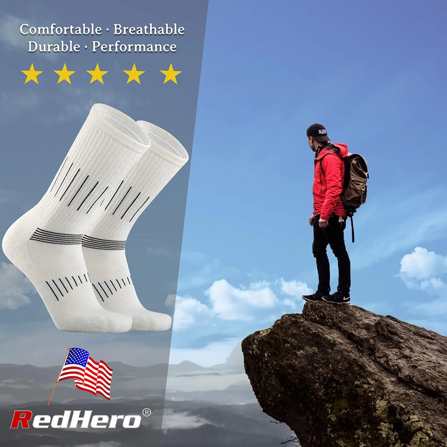 Men's Merino Wool Cushion Crew Socks for Outdoor Hiking Trekking Hike Soft Cozy Thermal Fit Moisture Control