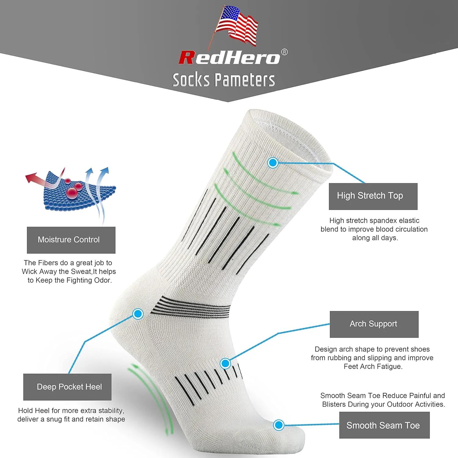 Men's Merino Wool Cushion Crew Socks for Outdoor Hiking Trekking Hike Soft Cozy Thermal Fit Moisture Control