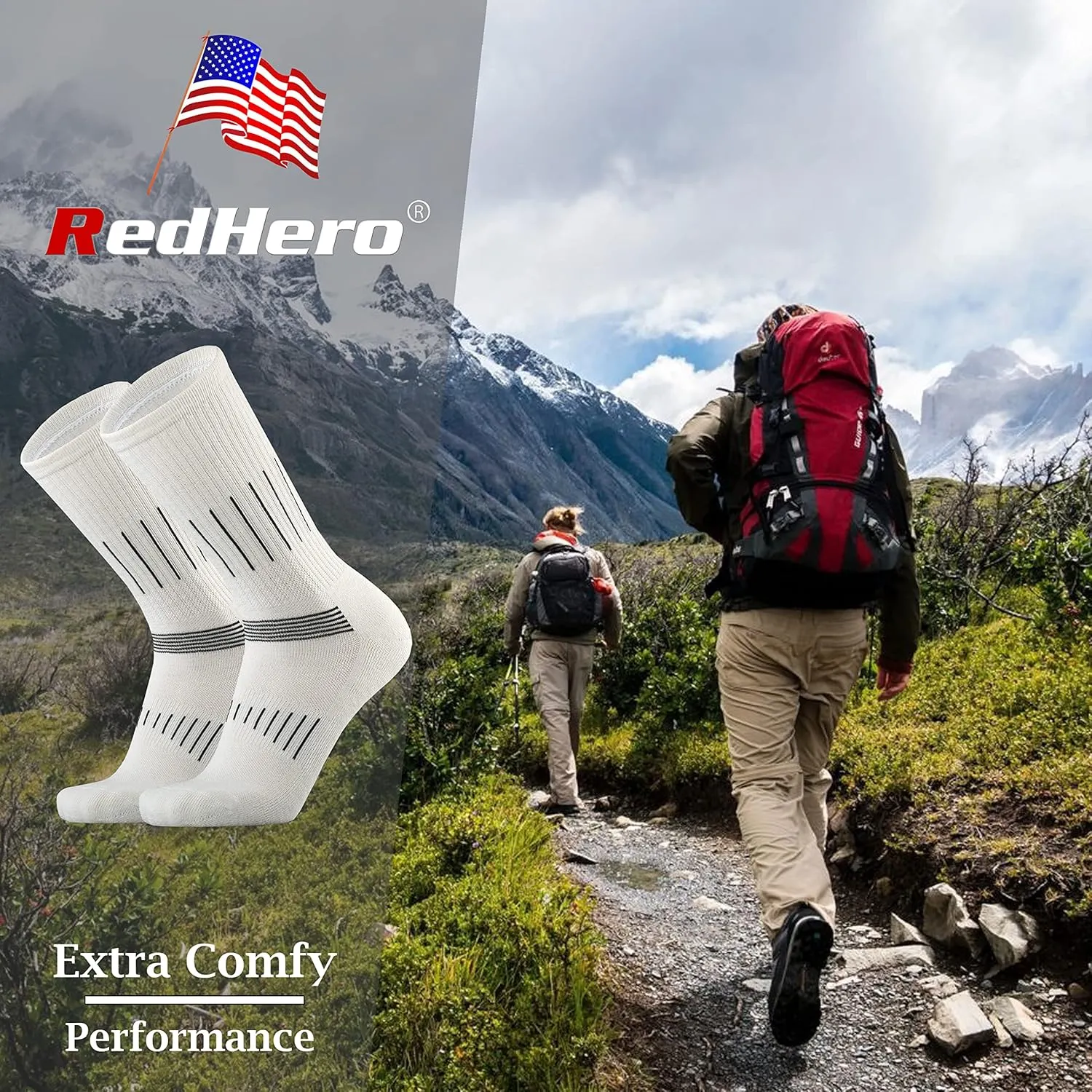 Men's Merino Wool Cushion Crew Socks for Outdoor Hiking Trekking Hike Soft Cozy Thermal Fit Moisture Control