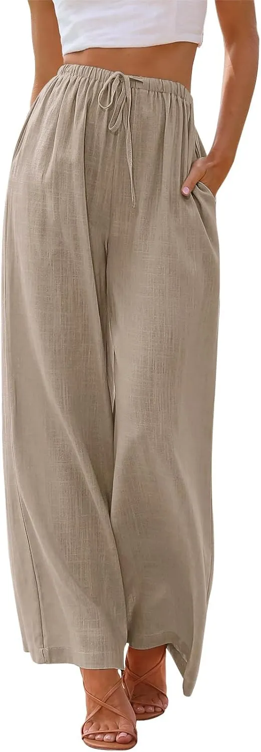 NIMIN Women Summer Linen Beach Flowy Pants Lightweight Drawstring Waist Wide Leg Vacation Clothes with Pockets