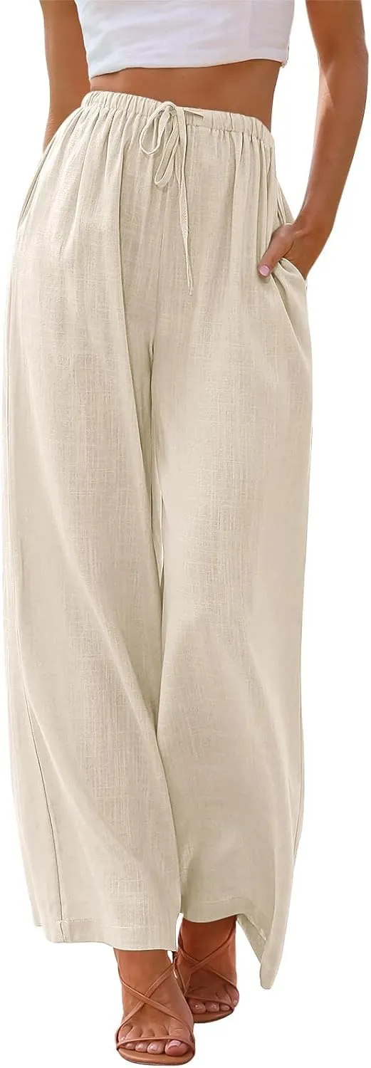 NIMIN Women Summer Linen Beach Flowy Pants Lightweight Drawstring Waist Wide Leg Vacation Clothes with Pockets