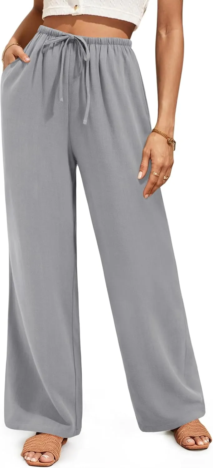 NIMIN Women Summer Linen Beach Flowy Pants Lightweight Drawstring Waist Wide Leg Vacation Clothes with Pockets