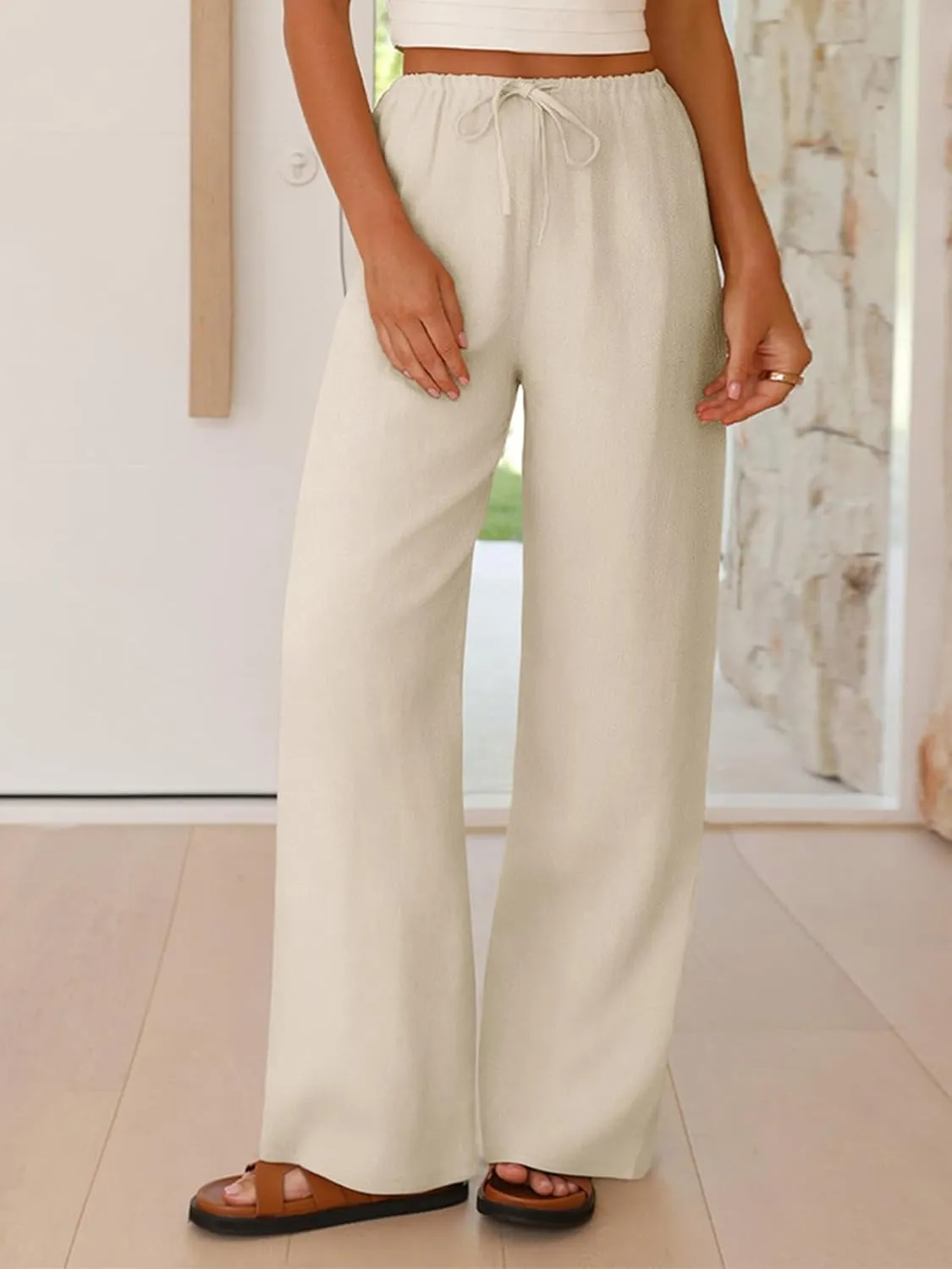 NIMIN Women Summer Linen Beach Flowy Pants Lightweight Drawstring Waist Wide Leg Vacation Clothes with Pockets