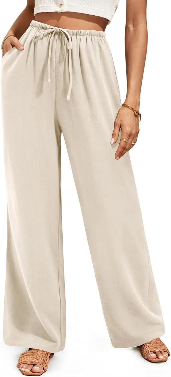 NIMIN Women Summer Linen Beach Flowy Pants Lightweight Drawstring Waist Wide Leg Vacation Clothes with Pockets