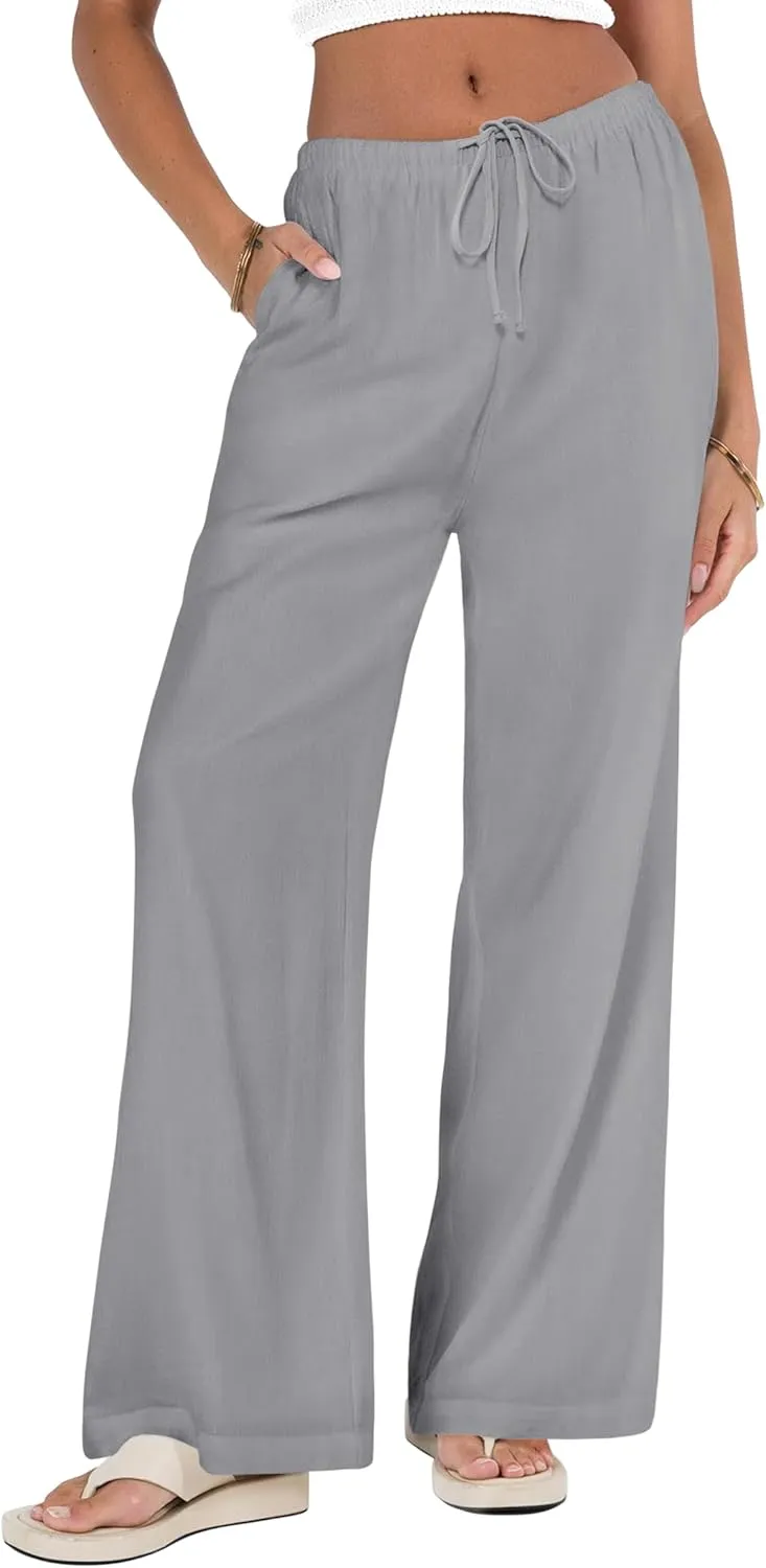 NIMIN Women Summer Linen Beach Flowy Pants Lightweight Drawstring Waist Wide Leg Vacation Clothes with Pockets
