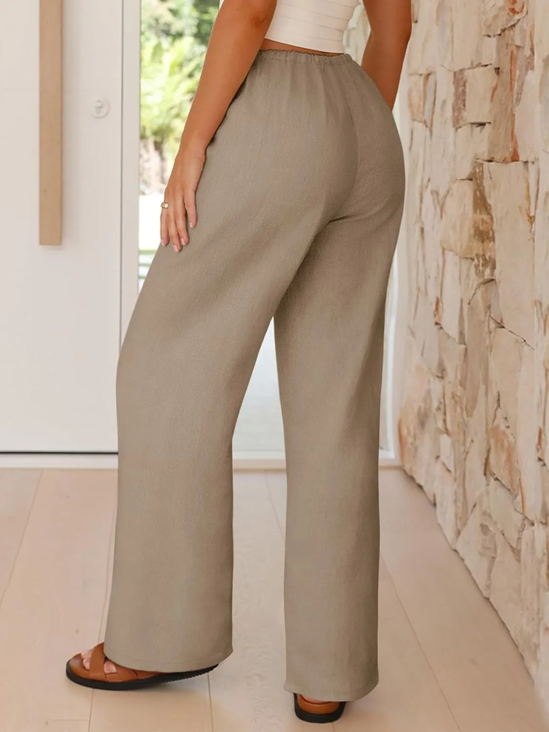 NIMIN Women Summer Linen Beach Flowy Pants Lightweight Drawstring Waist Wide Leg Vacation Clothes with Pockets