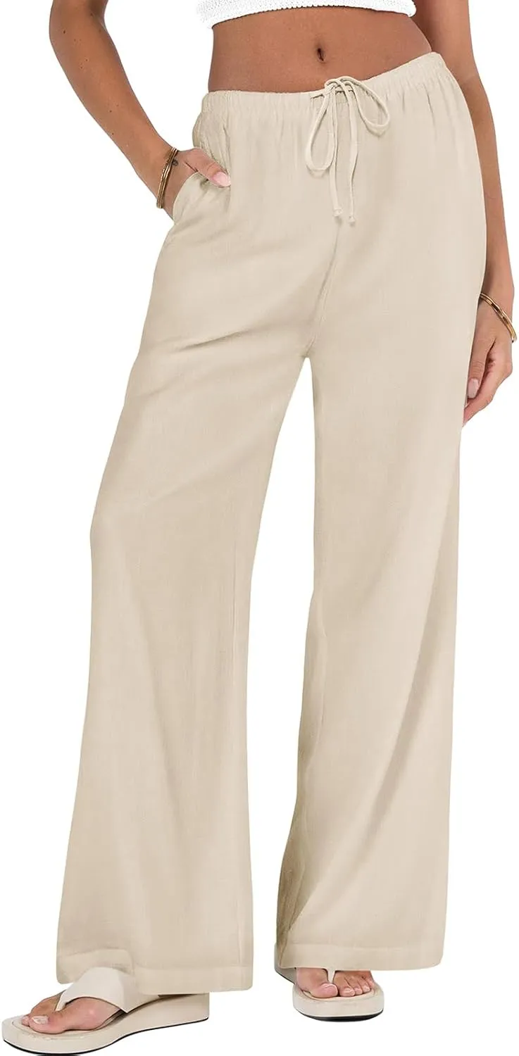 NIMIN Women Summer Linen Beach Flowy Pants Lightweight Drawstring Waist Wide Leg Vacation Clothes with Pockets