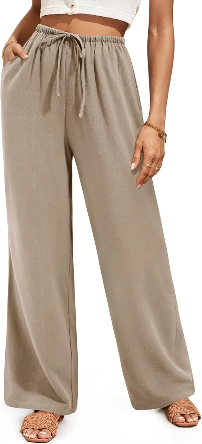 NIMIN Women Summer Linen Beach Flowy Pants Lightweight Drawstring Waist Wide Leg Vacation Clothes with Pockets