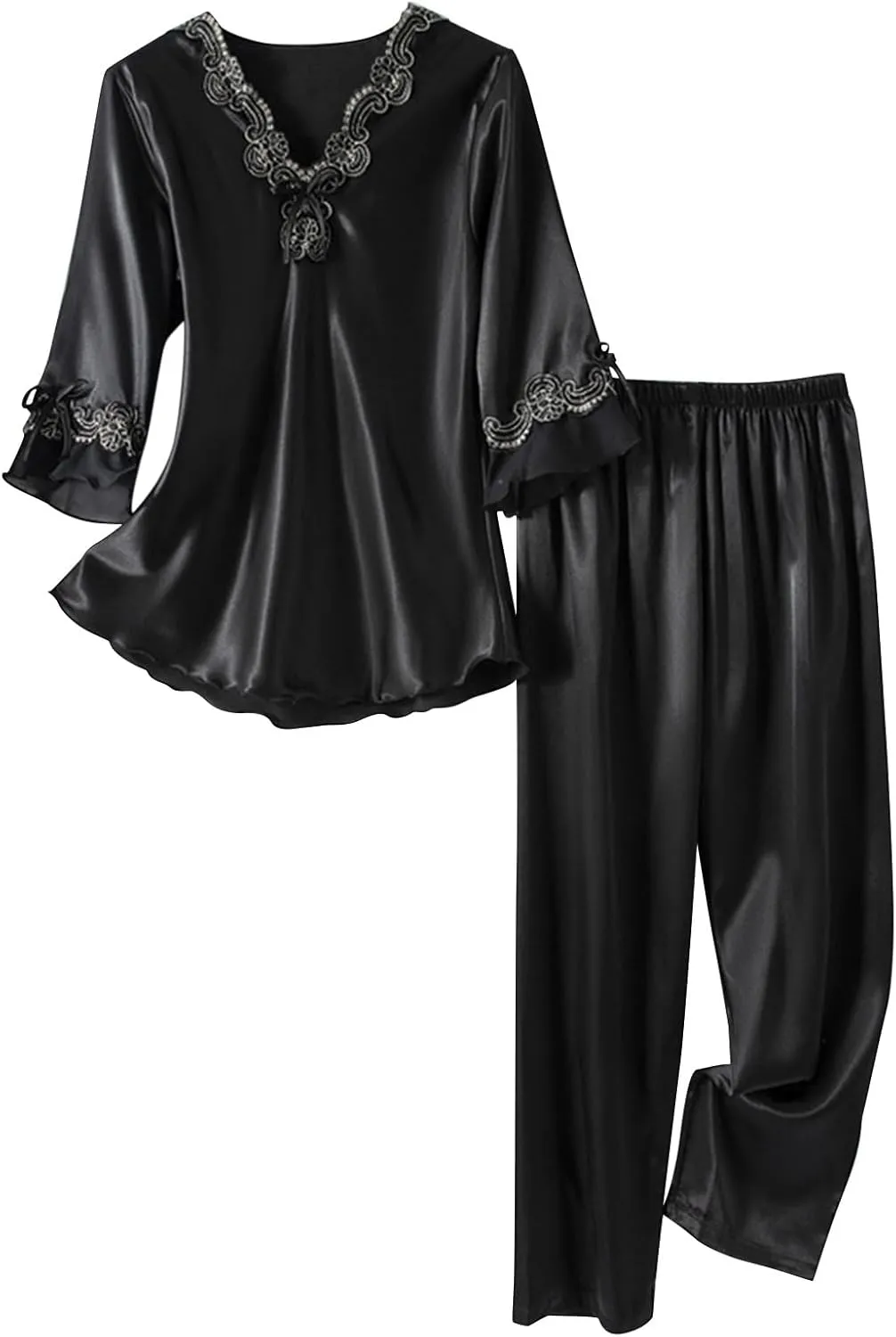 Oplxuo Silk Satin Pajama Set Womens Lace Trim 3/4 Sleeve V Neck Shirt with Long Pant Soft Loungewear Bridesmaid Pjs Set